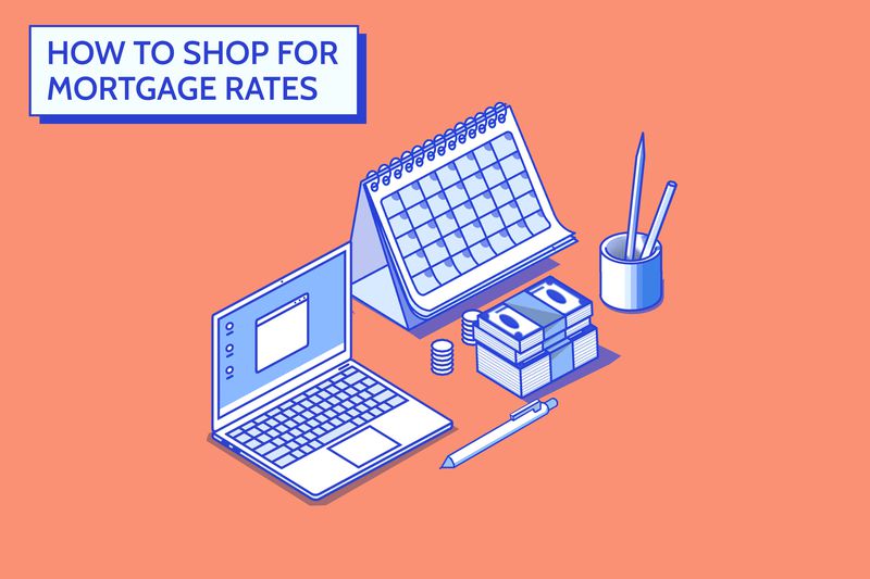 Custom illustration shows title "How to Shop for Mortgage Rates" on an orange background, with blue and white images of a laptop, pen, stack of cash, pencil holder, and a calendar.