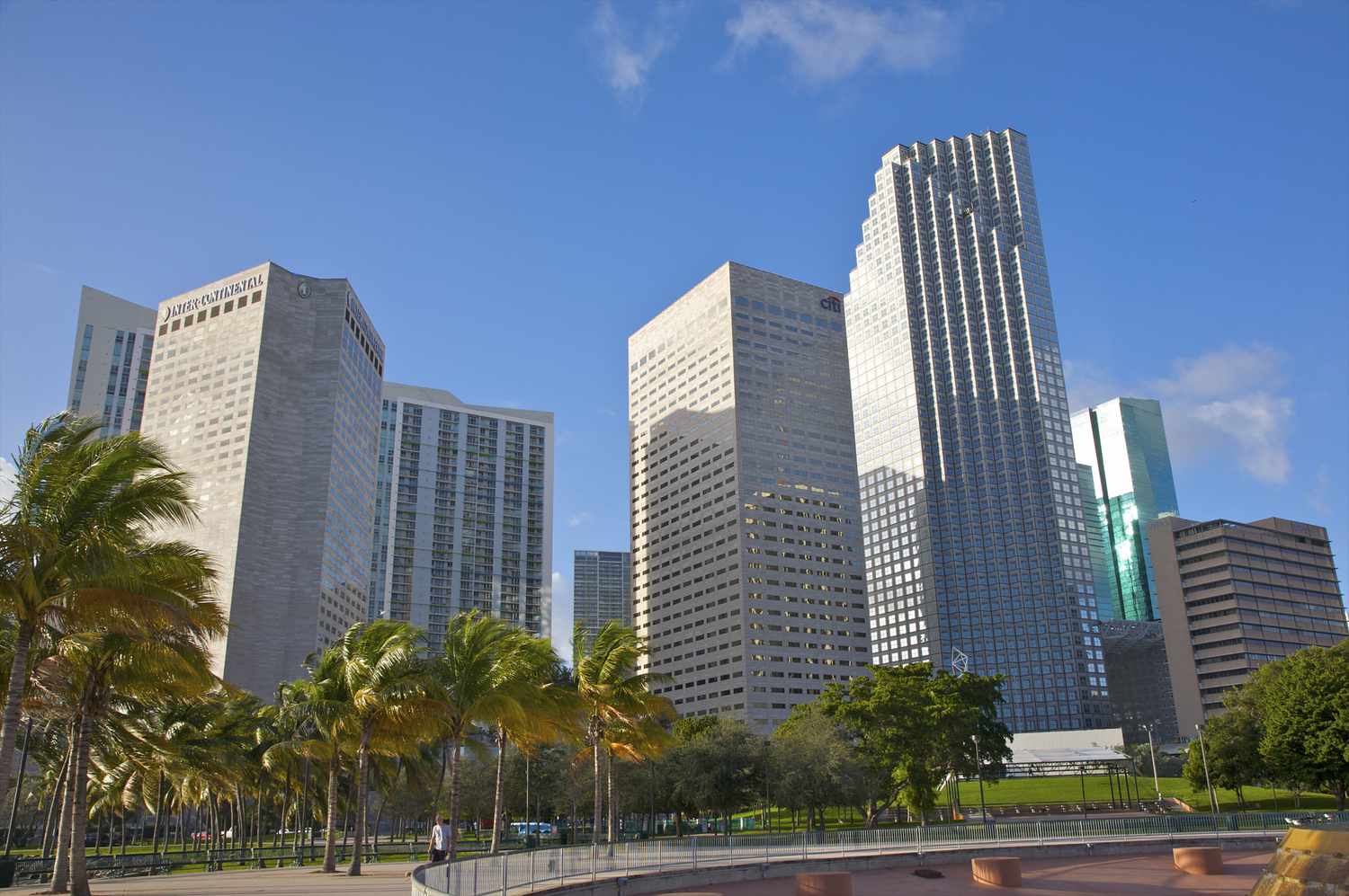 High-rise modern office towers above Bayfront Park, Downtown, Miami, Florida, USA