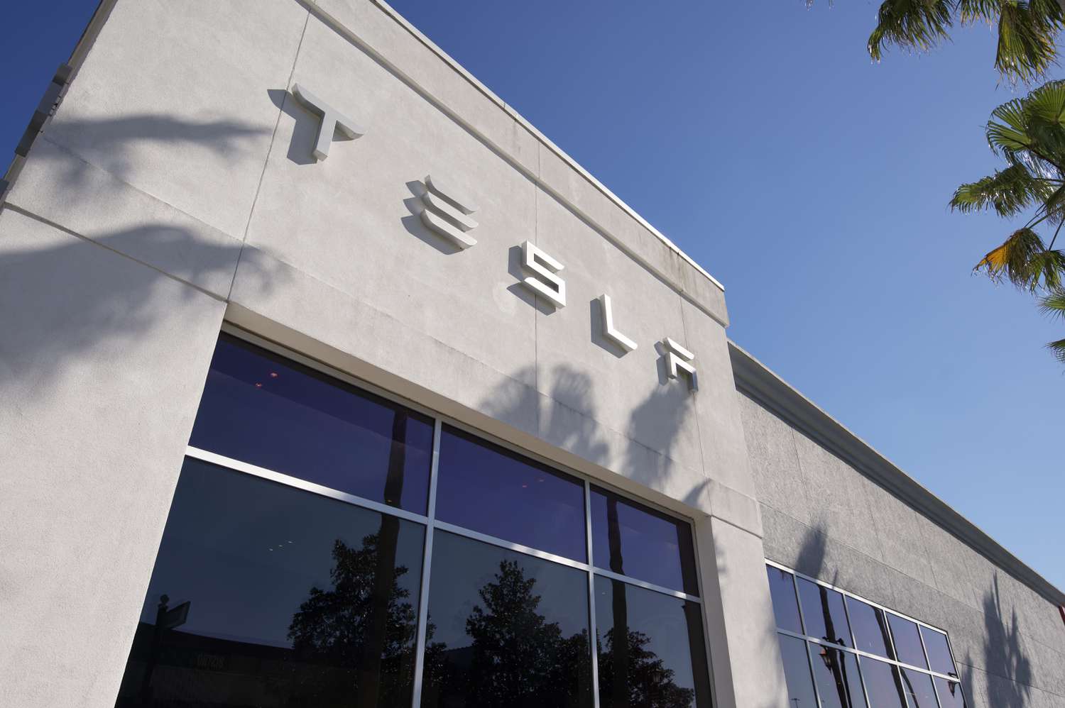 Tesla sign on building located on River City Drive in Jacksonville, Florida.