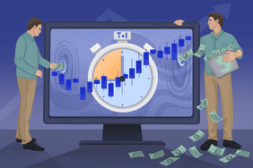 Illustration depicting stock trading settlement, with a dollar bill deposited in one side of a screen that has a clock face with T+1 label and many bills coming out of the other side and deposited in a basket.