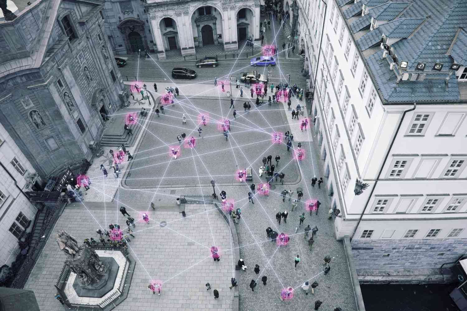 People in street connected by blockchain