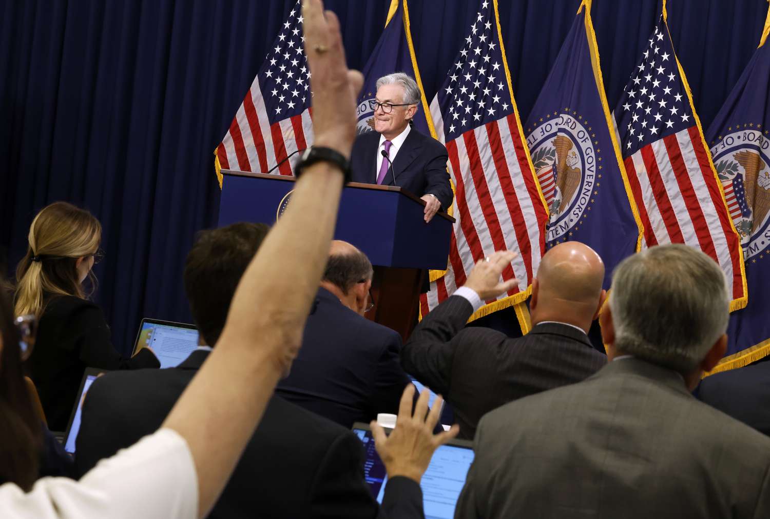 Federal Reserve Board Chairman Jerome Powell speaks during a news conference after a Federal Open Market Committee meeting on September 20, 2023 at the Federal Reserve in Washington, DC.