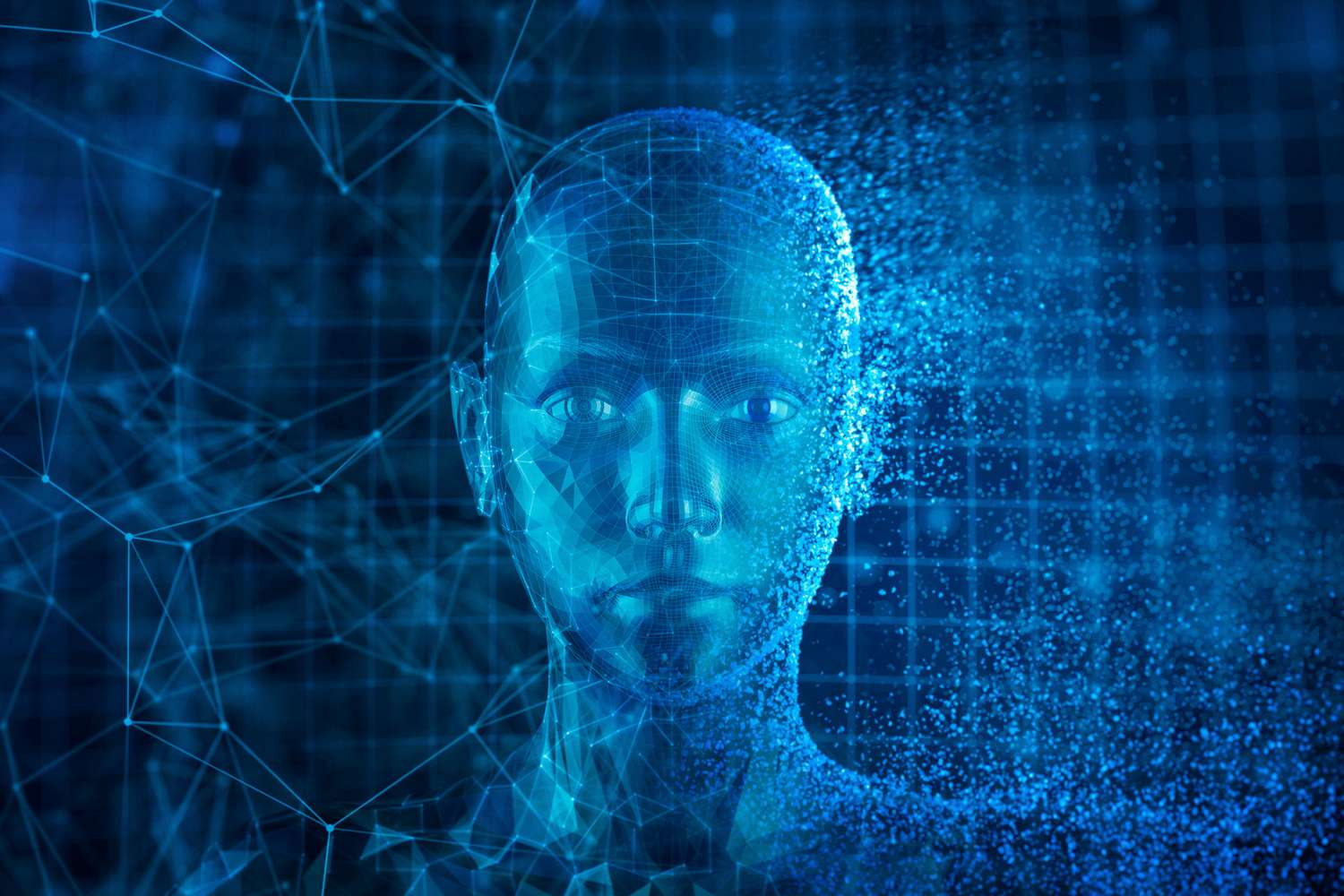 A 3D rendering of the virtual face of artificial intelligence.
