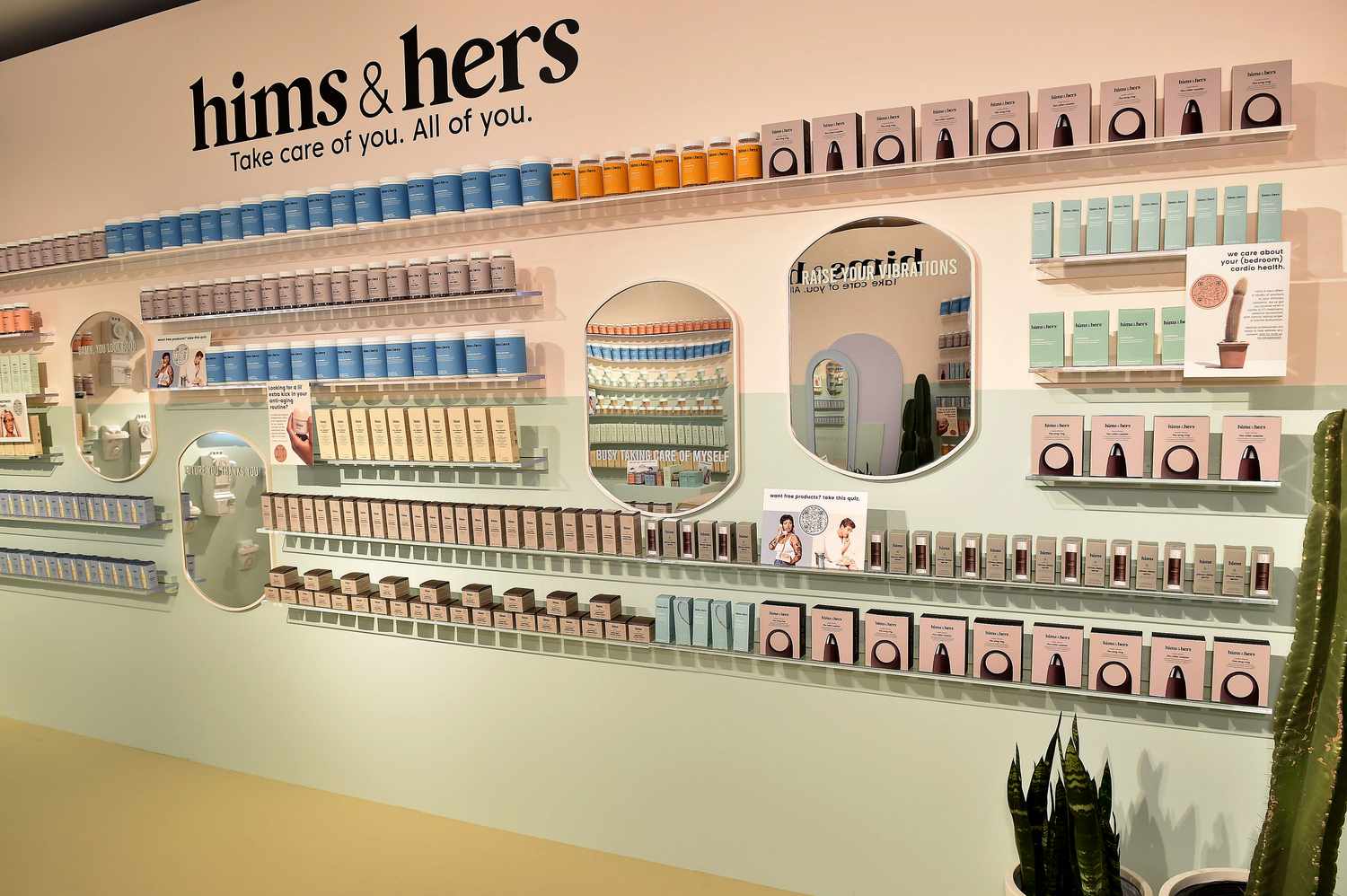 A view of the hims & hers display during the REVOLVE Gallery NYFW Presentation And Pop-up at Hudson Yards on September 09, 2021 in New York City
