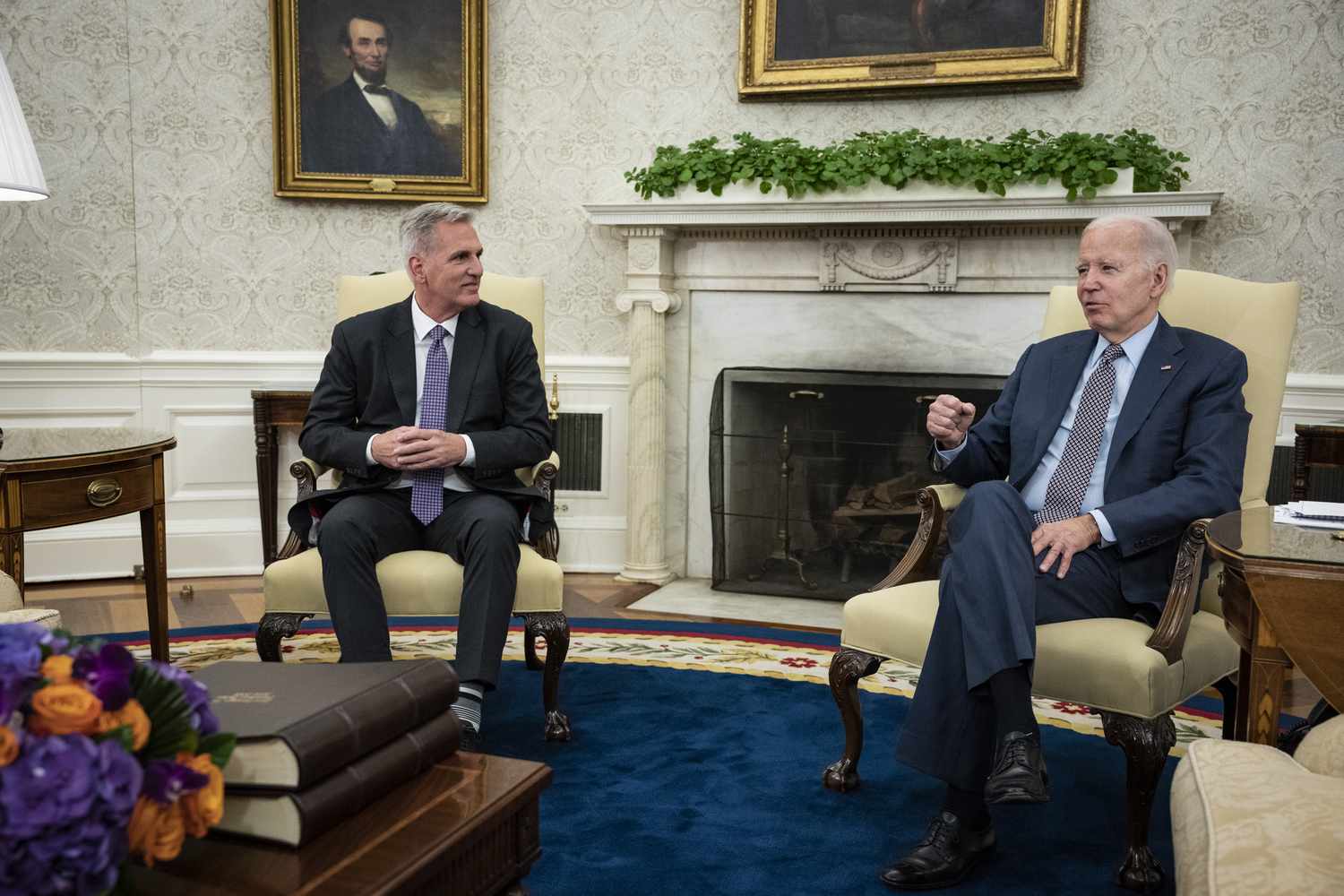 U.S. President Joe Biden meets with House Speaker Kevin McCarthy (R-CA) in the Oval Office of the White House on May 22, 2023 in Washington, DC. 