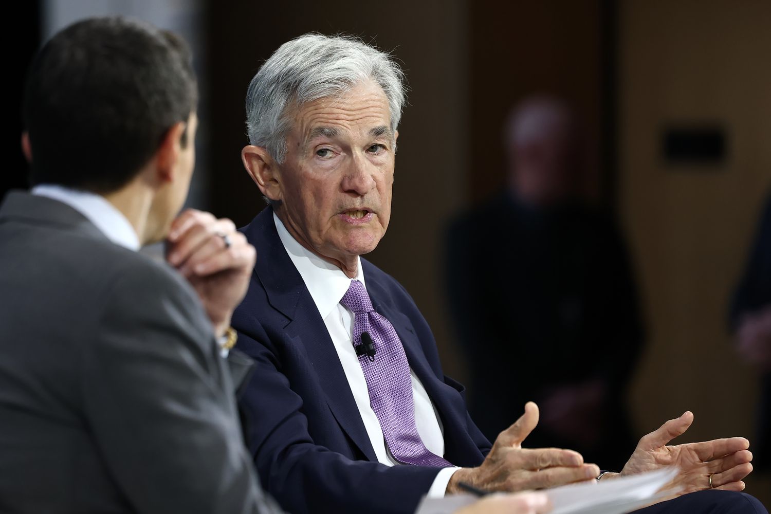 New York Times columnist Andrew Ross Sorkin and Federal Reserve Chairman Jerome Powell speak during the New York Times annual DealBook summit at Jazz at Lincoln Center on December 04, 2024 in New York City. 