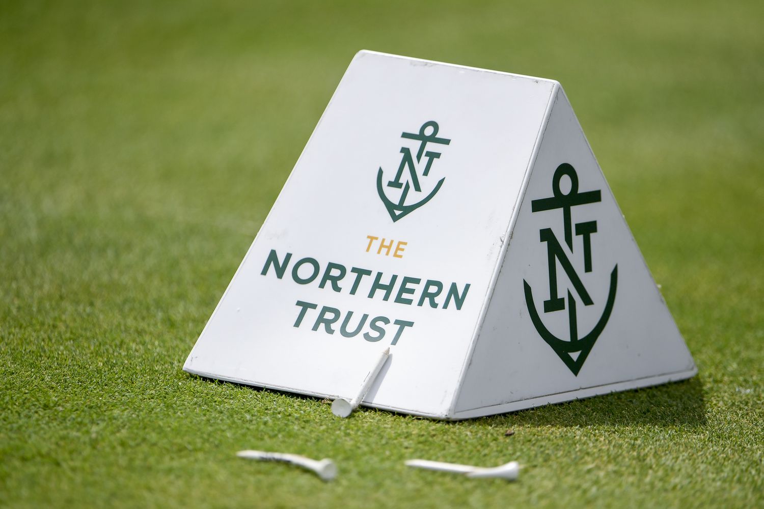 A Northern Trust tee marker at the third hole during the weather delayed final round of THE NORTHERN TRUST at Liberty National Golf Club on August 23, 2021 in Jersey City, New Jersey.