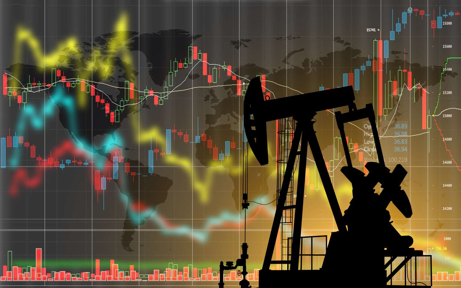 An illustration with a Texas oil rig and technical charts overlaid in the background.