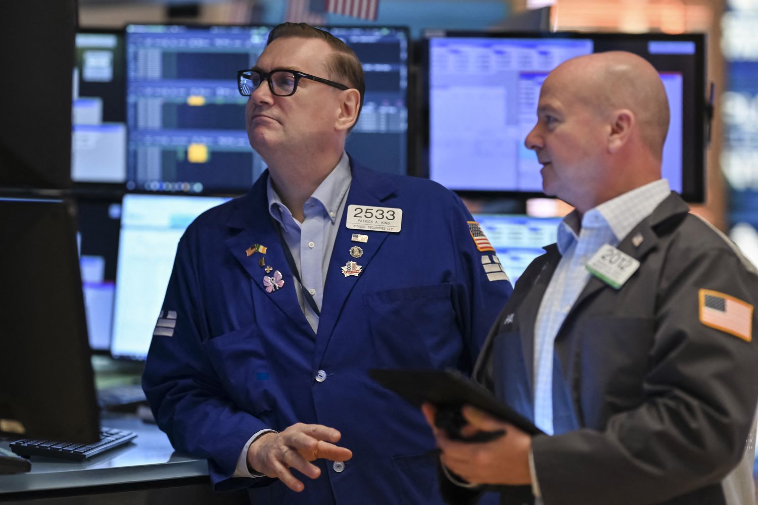 Traders work on the floor of the New York Stock Exchange.