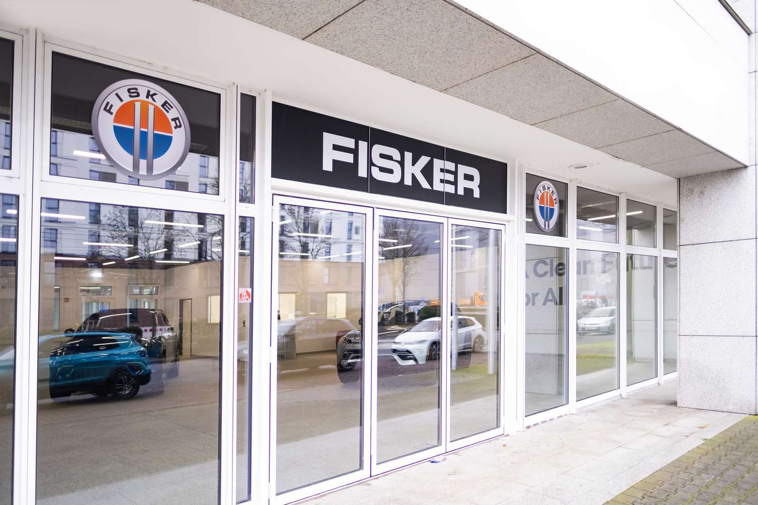 Advertising banners of Fisker, showroom Fisker Automotive Sales Office, emblem, concept Advertising and Marketing in Automotive Industry, American automobile manufacturer, Frankfurt.