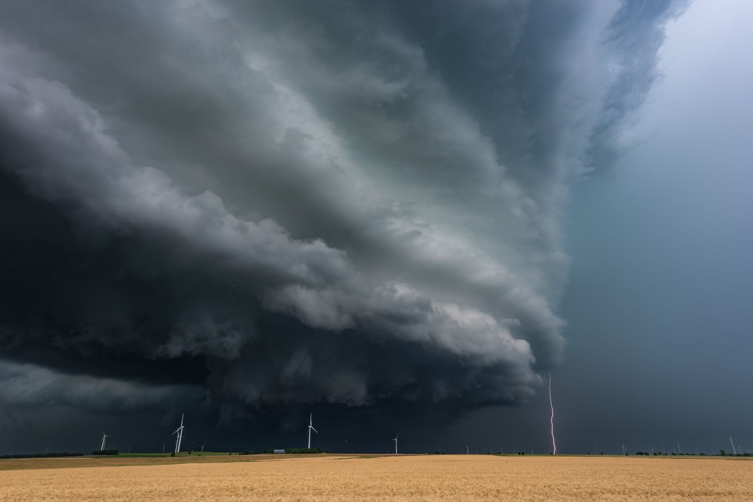 Thunderstorm clouds over a wind farm field