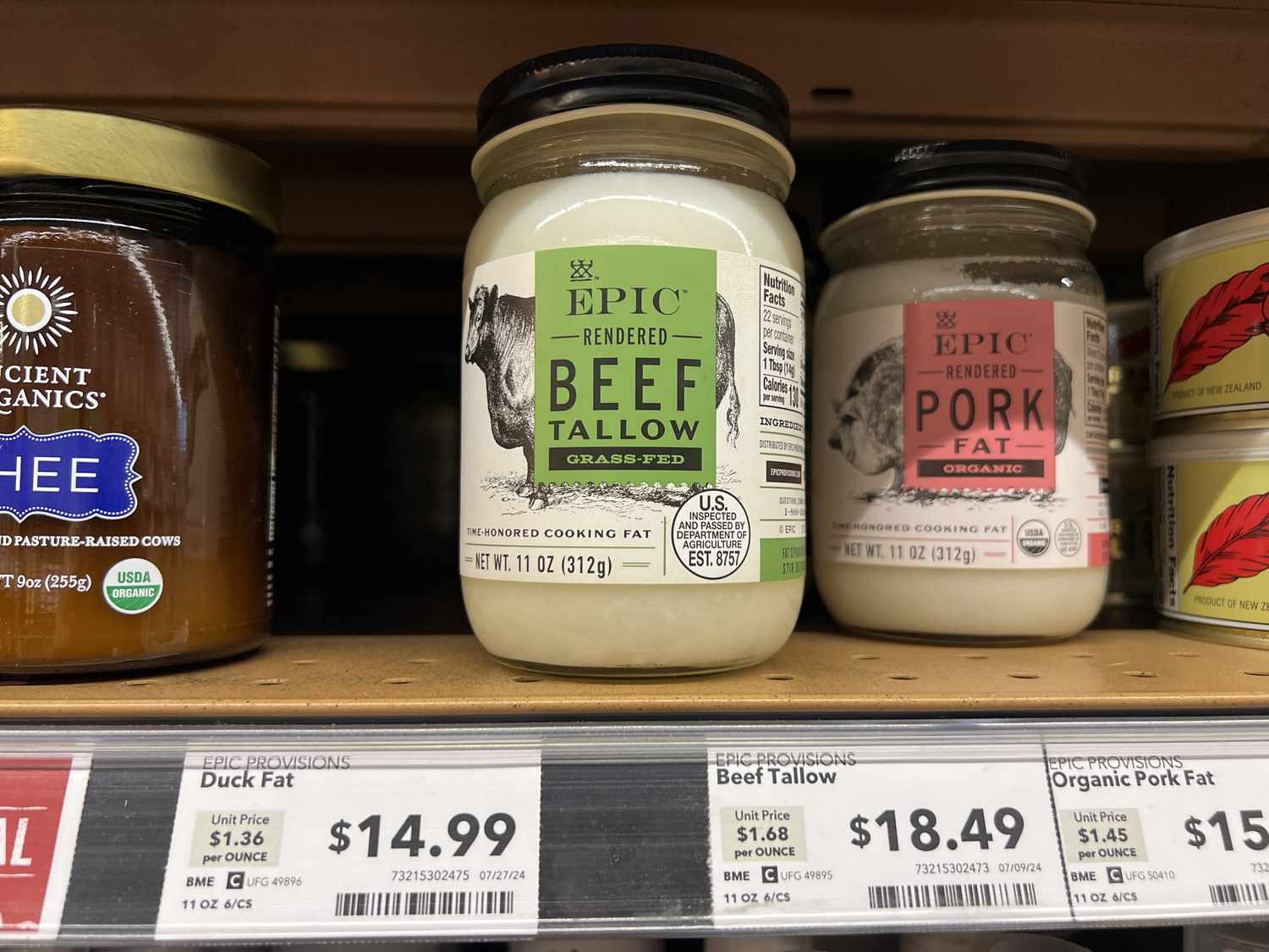 A store displays jars of beef tallow.