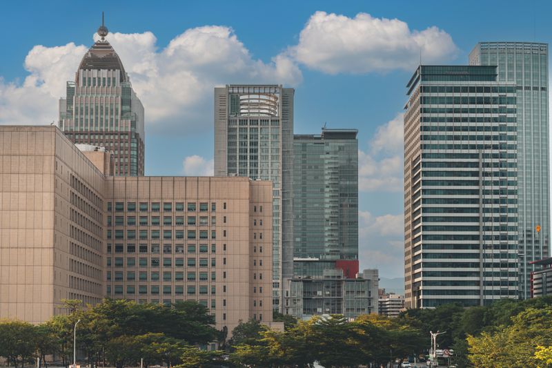A skyline view of the highrise buildings of the financial district of Tiapei, Taiwan.