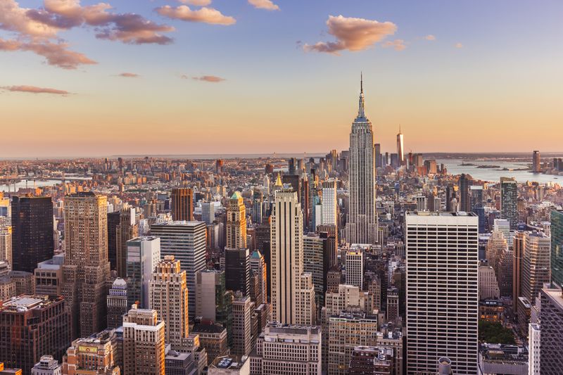 Manhattan skyline, New York skyline, Empire State Building, sunset, New York City, United States of America, North America