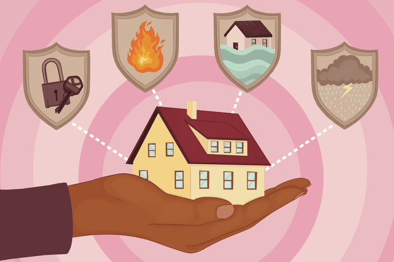 Illustration of the types of homeowners insurance coverage. The image features a hand holding a house with different insurance types represented above.