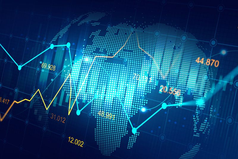 Concept chart showing bar graphs, stock prices, line graphs, and the globe