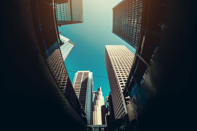 Low angle view of contemporary corporate skyscrapers