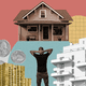 Collage of a single buyer looking at a house.