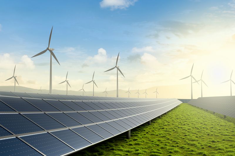 Solar farm and wind turbines in the background
