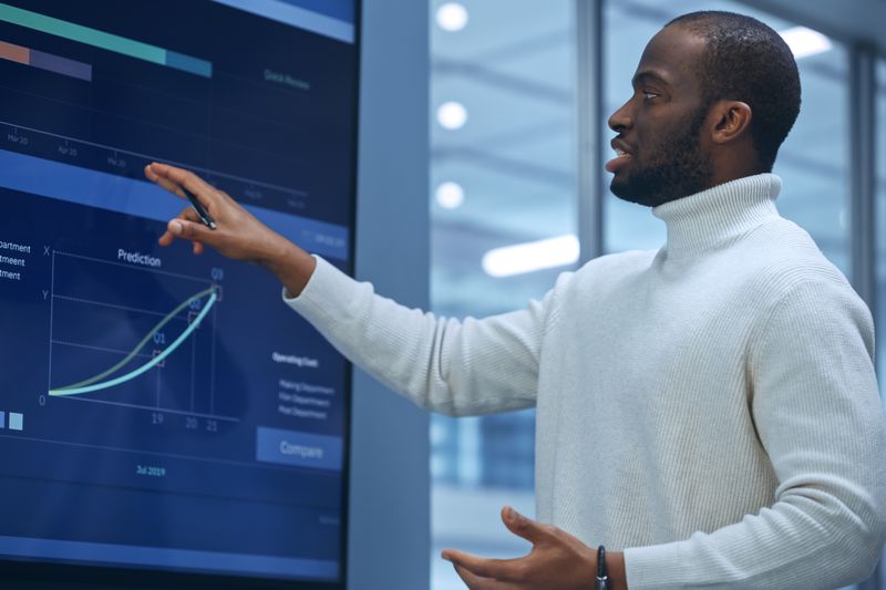 An analyst talks in front of a screen displaying quarterly results of a company they are recommending for an upgrade from hold to buy.