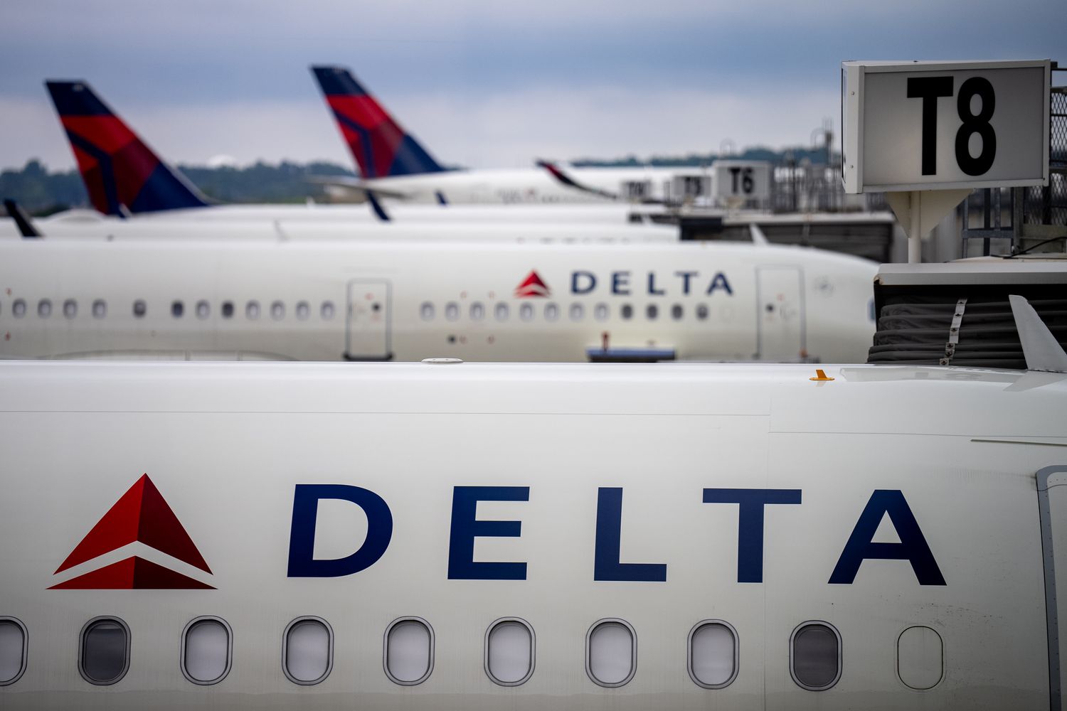 Delta Airlines planes sit parked at Hartsfield-Jackson Atlanta International Airport on June 28, 2024 in Atlanta, Georgia.
