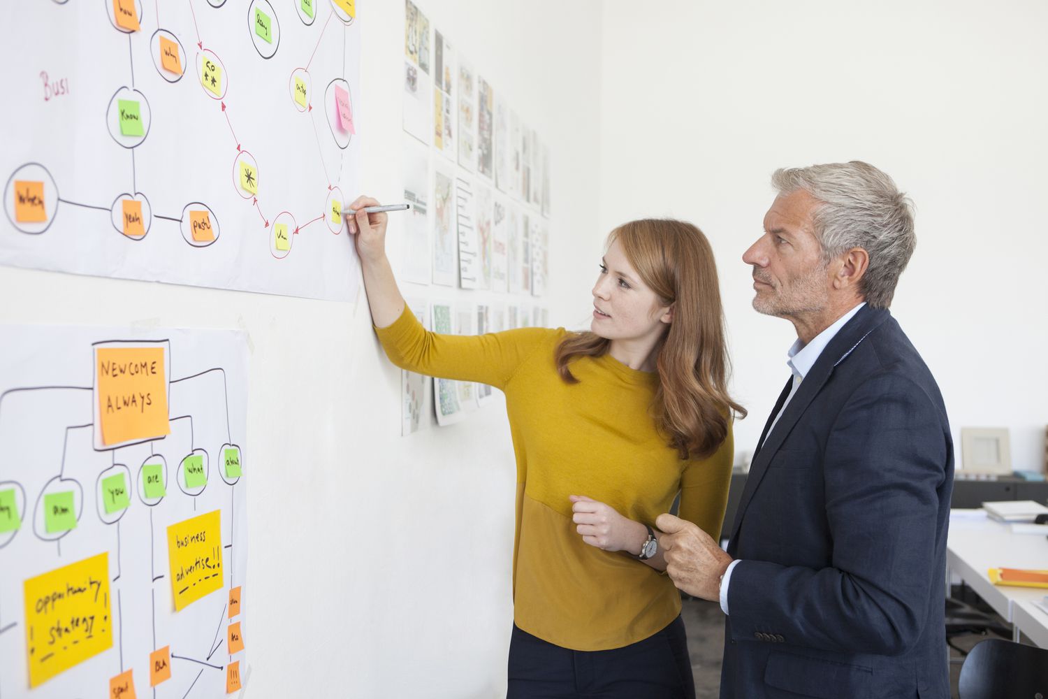 Two business people in an office working on a business organization chart