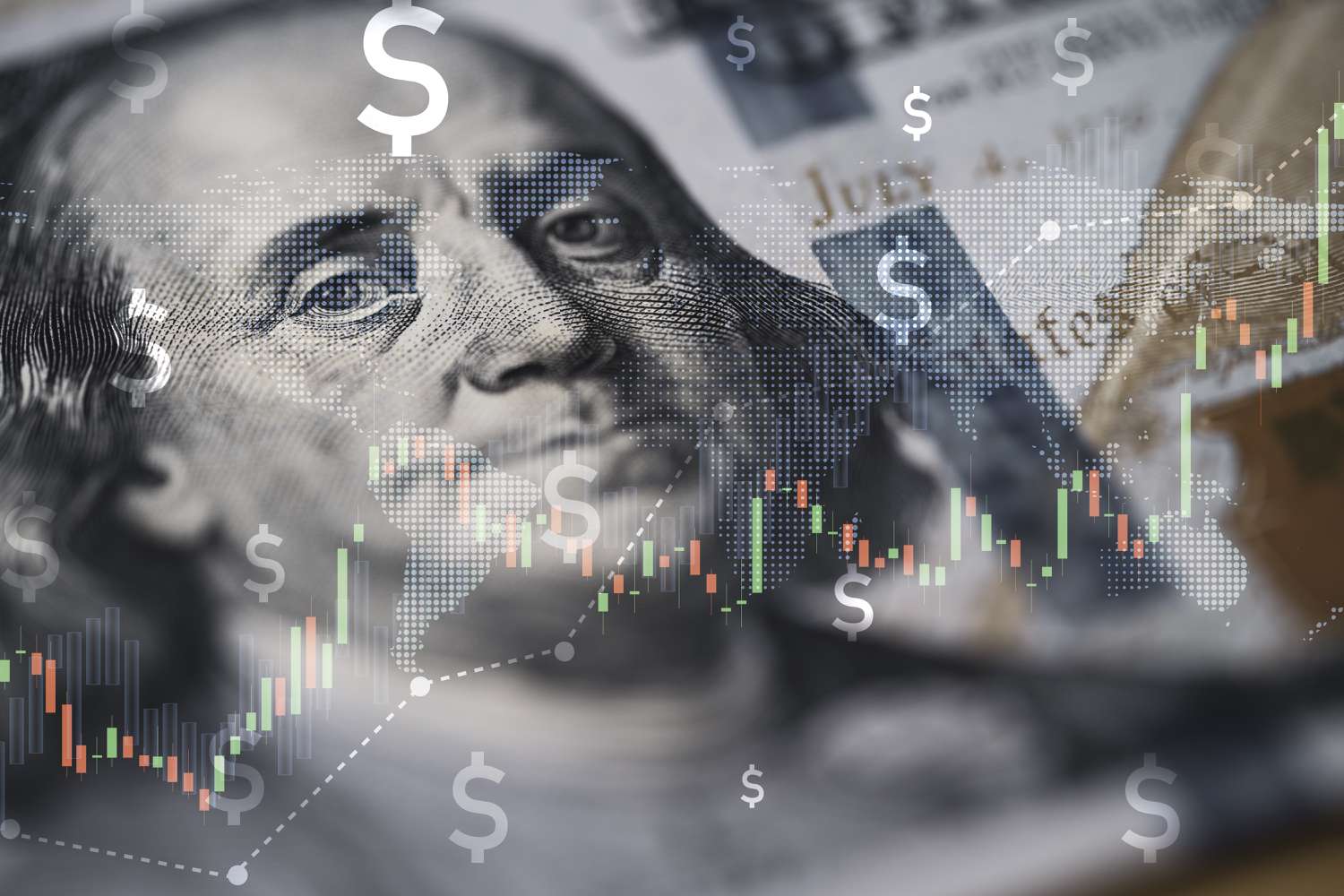A closeup of Benjamin Franklin's face on banknote overlaid with a stock market chart graph for currency exchange and forex global trade.