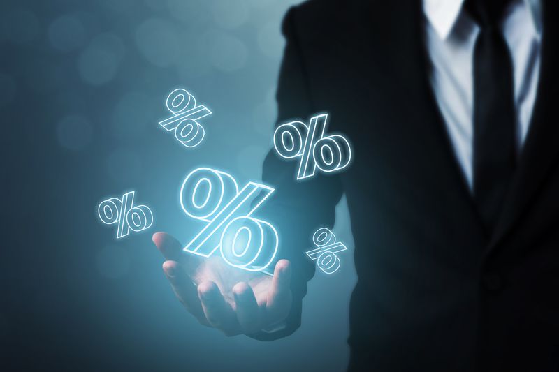 A businessman hand show icon percent 3d sign.
