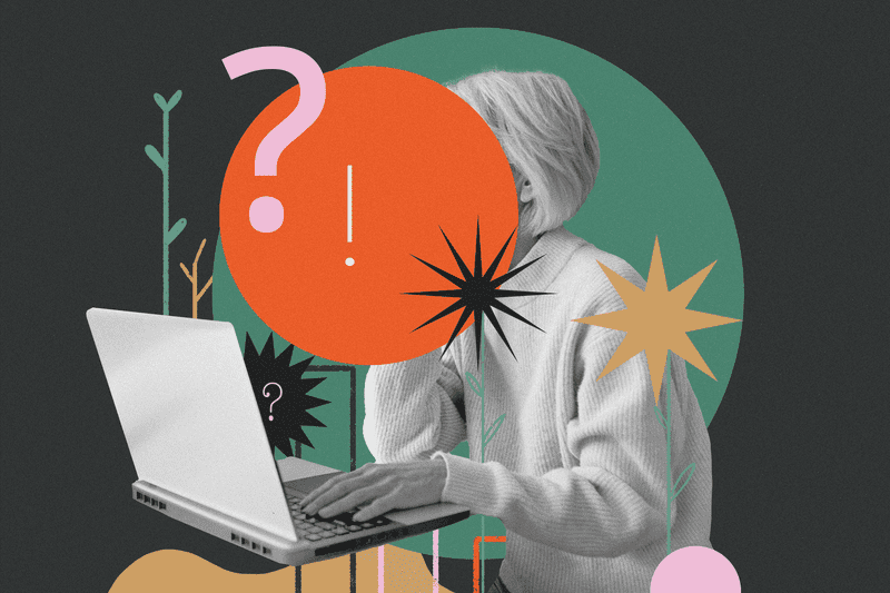 Person using a laptop, surrounded by abstract shapes and symbols like question marks and exclamation points to illustrate thinking about an investment decision.