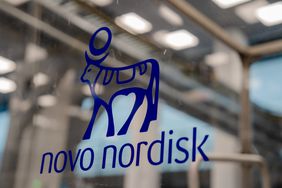 The Novo Nordisk A/S logo on a wall at their pharmaceutical manufacturing facility in Hillerod, Denmark