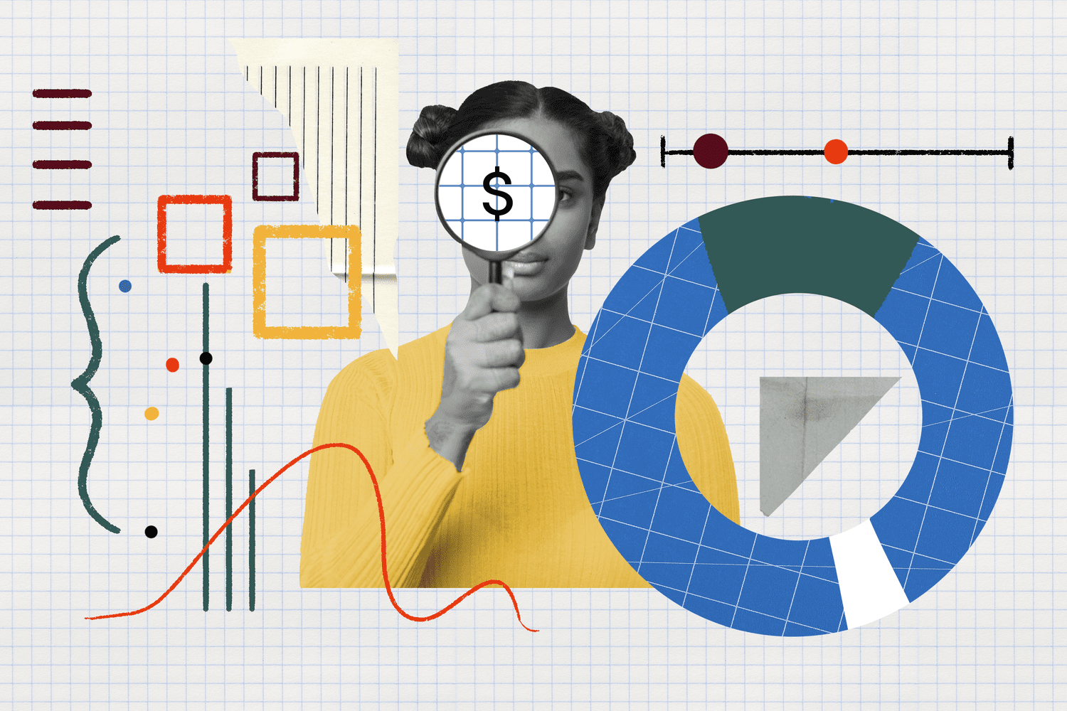 Photo and illustration composite of a person with 2 braided buns and dark features looking through a magnifying glass to represent investment analysis. 