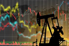An illustration with a Texas oil rig and technical charts overlaid in the background.