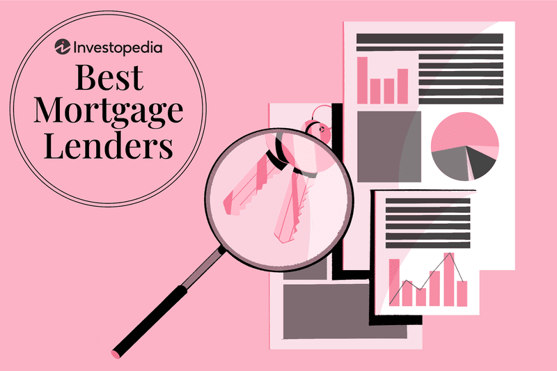 The image shows a pink background with the Investopedia logo at the top. Below the logo, the text reads “Best Mortgage Lenders” inside a circle. A magnifying glass overlays the charts, highlighting a set of keys inside the lens.