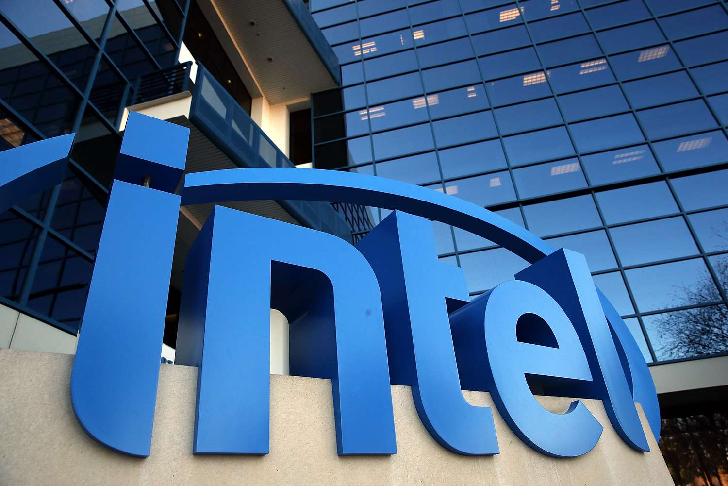 The Intel logo is displayed outside of the Intel headquarters on January 16, 2014 in Santa Clara, California.