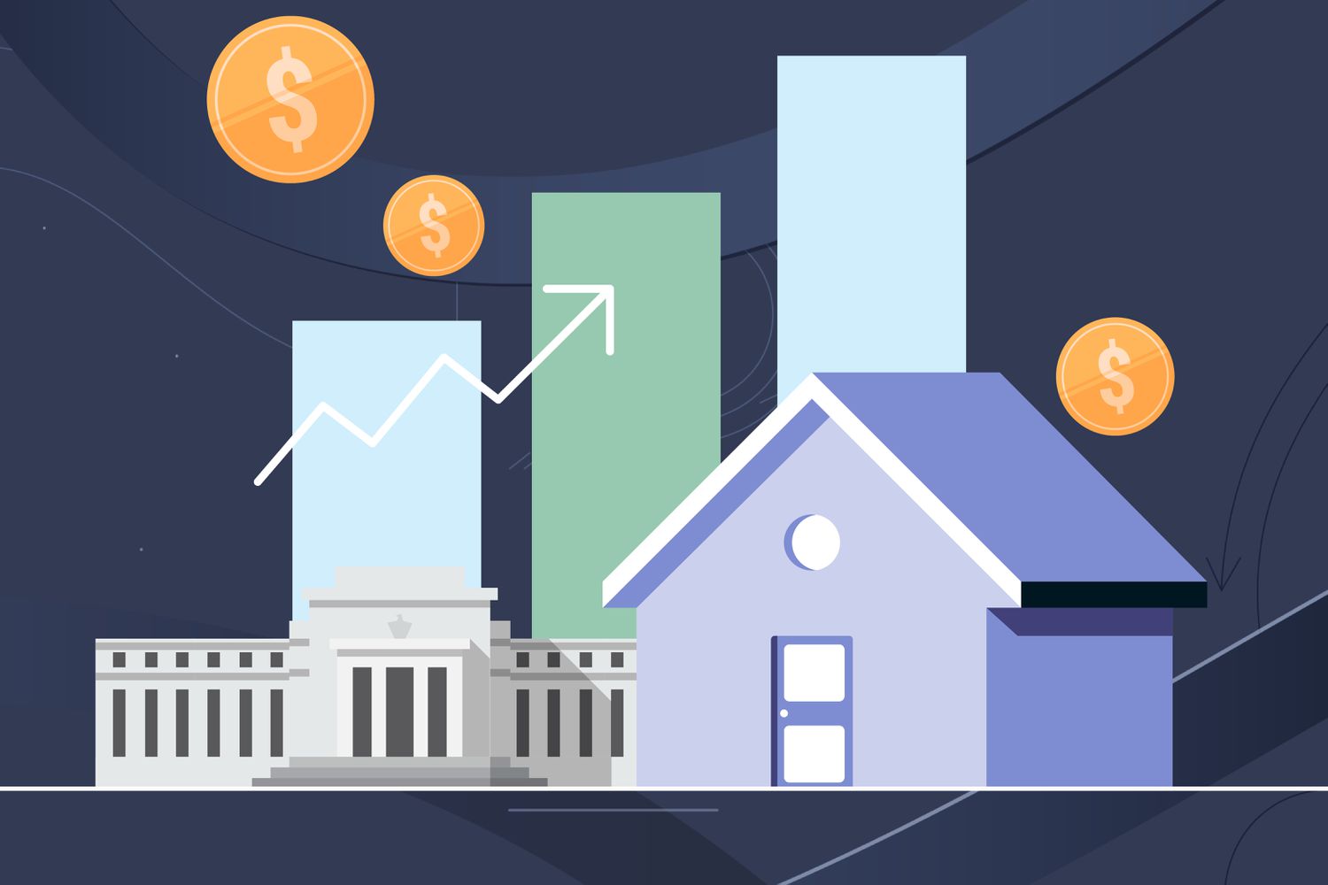 Graphic showing a home, bar chart, arrow up and to the right, and coins