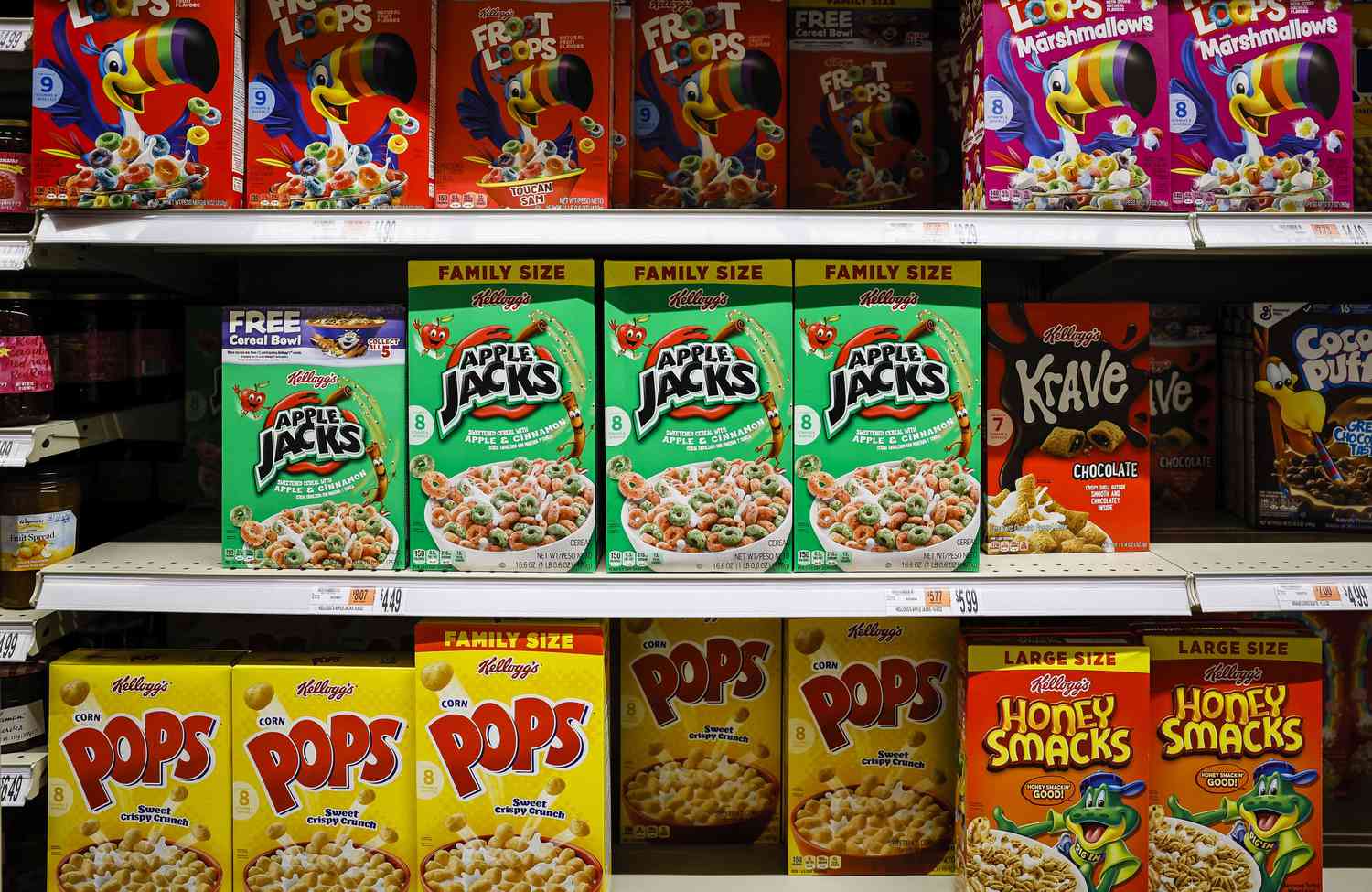 Boxes of Kellogg's cereals displayed on store shelves