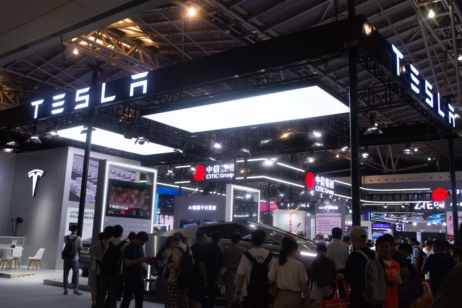 The Tesla stand at the World Artificial Intelligence Conference in Shanghai, China, on July 5, 2024, 