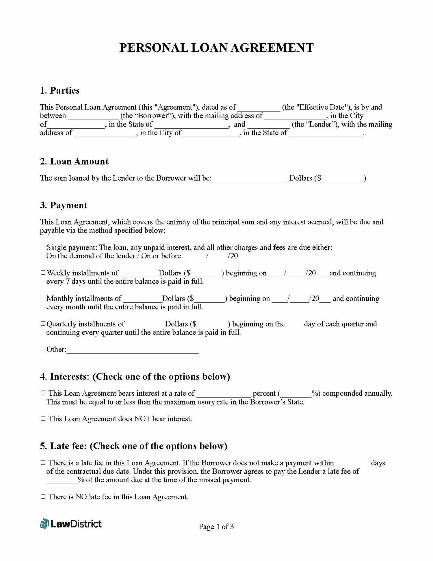 Personal loan agreement, page 1