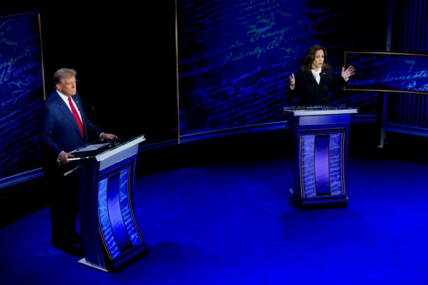 US Vice President Kamala Harris, right, and former US President Donald Trump during the second presidential debate at the Pennsylvania Convention Center in Philadelphia, Pennsylvania, US, on Tuesday, Sept. 10, 2024. Trump and Harris enter Tuesday's debate in search of the same goal, a moment that will help them gain the edge in a race polls show is essentially tied. 