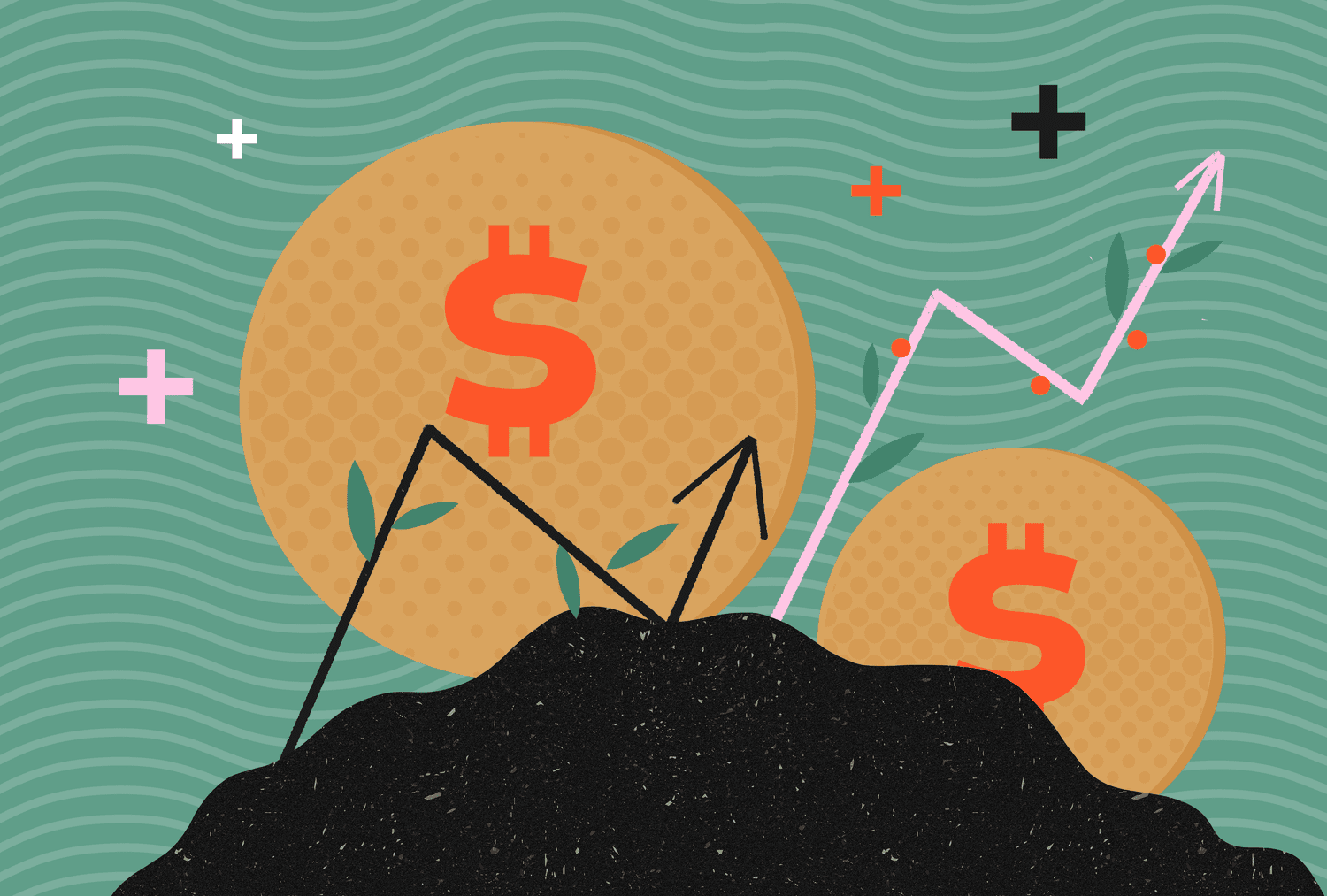 Graph showing growth trends with dollar symbols and positive indicators.