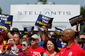 UAW members participate in a rally outside the Stellantis Sterling Heights Assembly Plant in Sterling Heights, Michigan, on Aug. 23, 2024