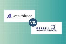The image shows Weathfront logo vs Merrill logo with a teal background and white square designs