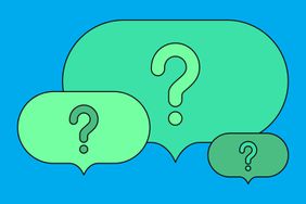 Illustration of lime green question mark bubbles.