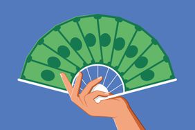 Illustration of a hand holding a paper fan made to resemble a spread of dollar bills