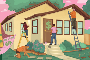 A crew works on renovating a home. The homeowner stands at the front door, which has a dollar sign painted on it.