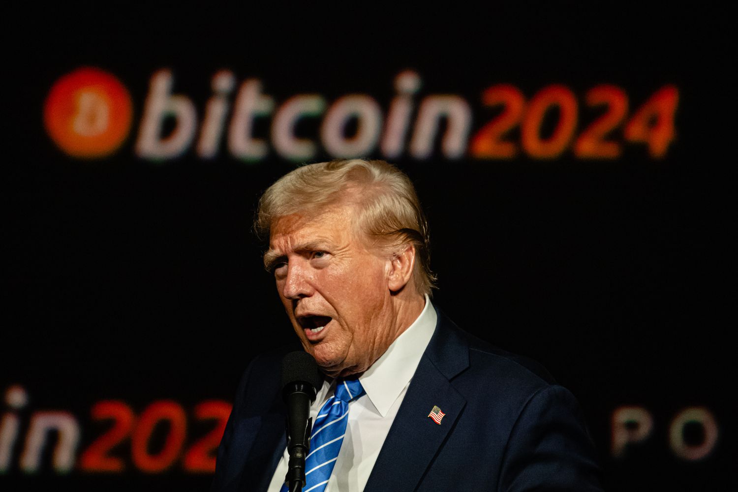  Donald Trump gives a keynote speech on the third day of the Bitcoin 2024 conference at Music City Center July 27, 2024 in Nashville, Tennessee. 
