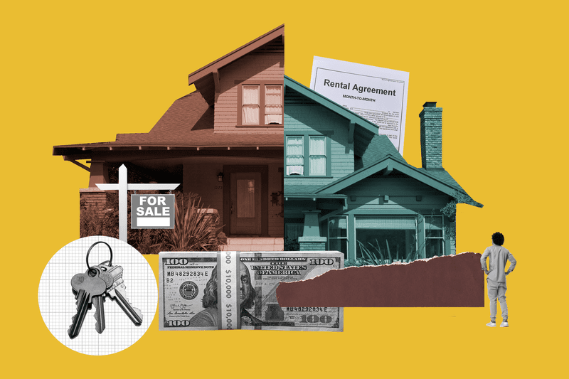 Collage of keys, for sale sign, and a person looking at a home.