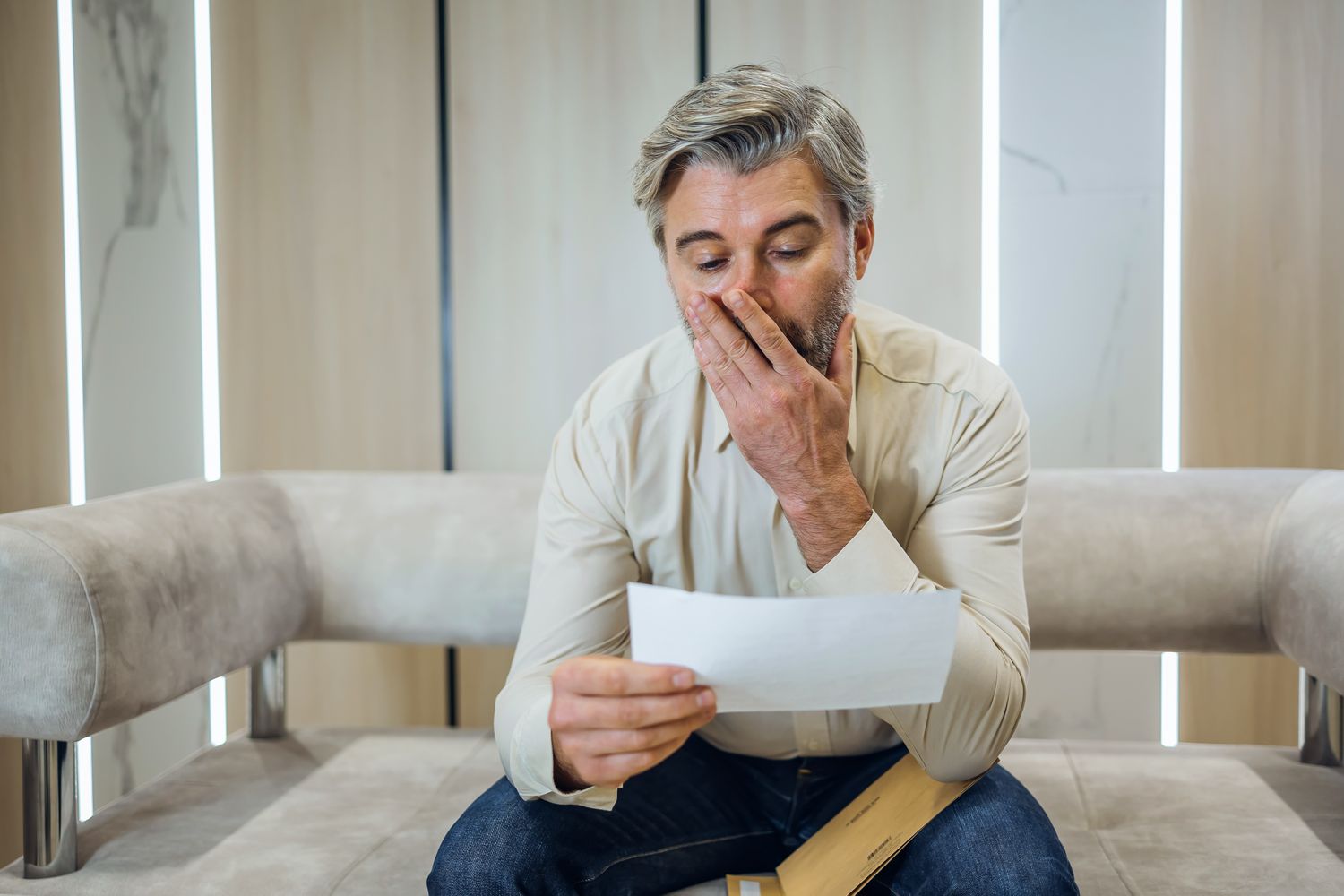 man reading document with stressed expression