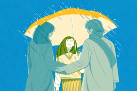 Young woman sitting under an umbrella held by her parents.