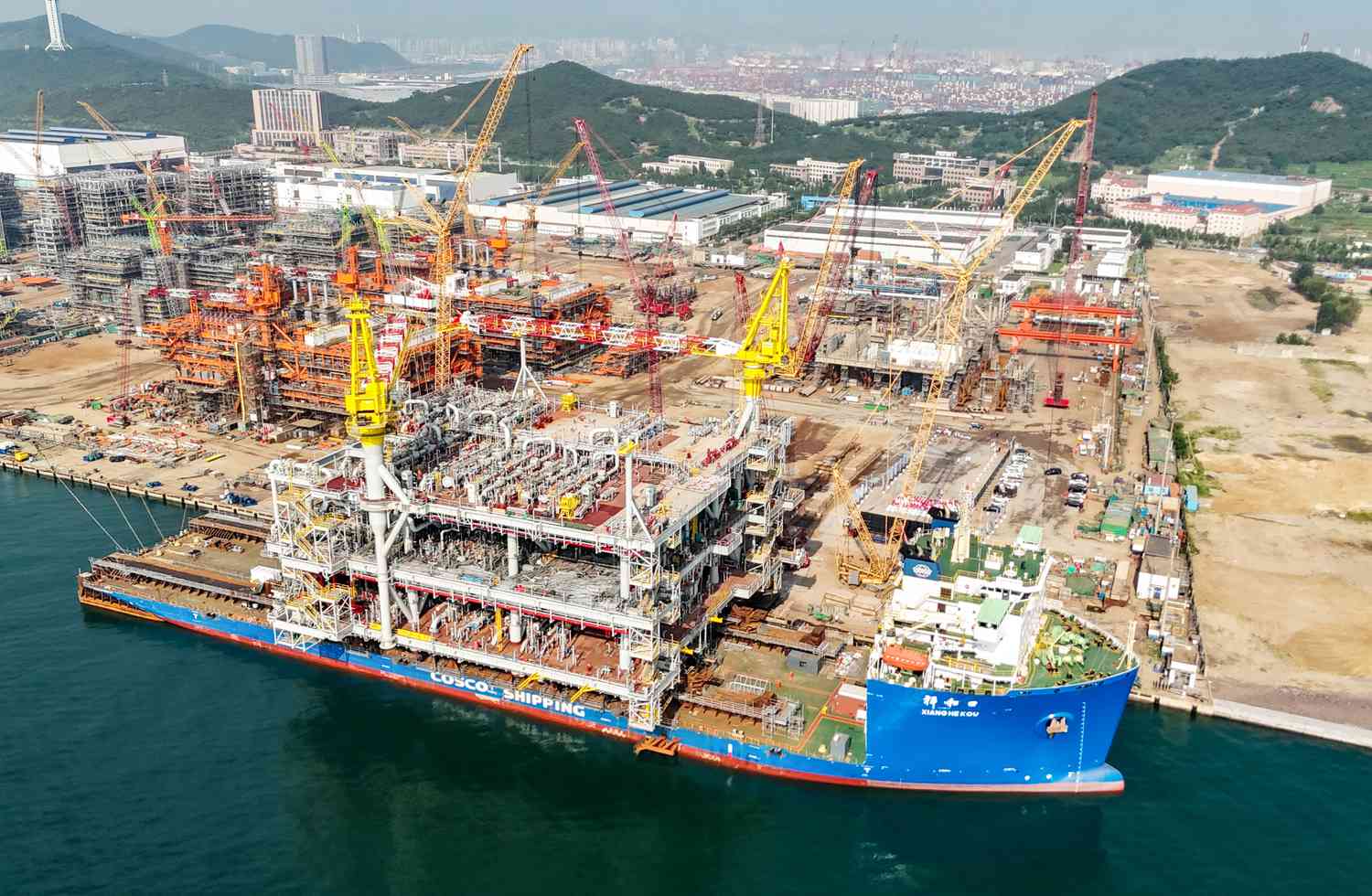 A Saudi Aramco oil and gas tanker floats in the water in China. 